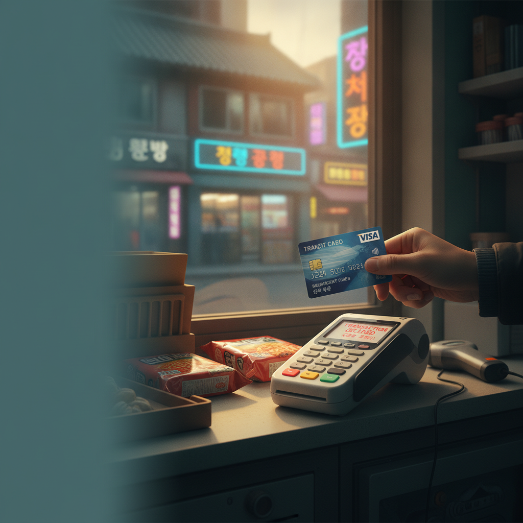 A foreign traveler's card being declined at a Seoul convenience store counter