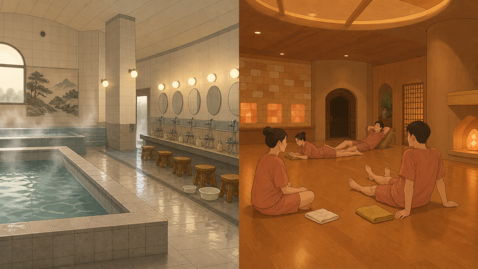 A Korean spa is two rooms: the gender-separated bathhouse (left) and the mixed jjimjilbang floor (right).