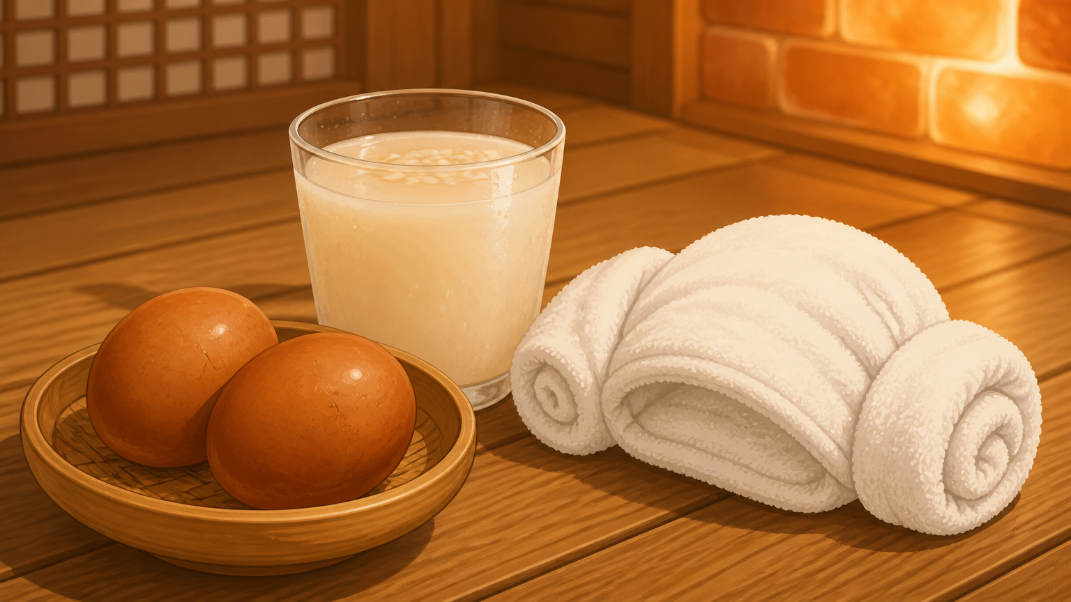 Roasted eggs, sikhye and a spa towel — the jjimjilbang snack set.