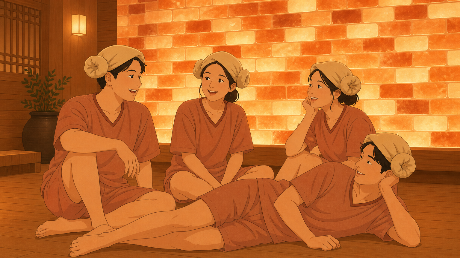 The jjimjilbang floor: matching uniforms, folded towel wraps, and a salt-brick wall.
