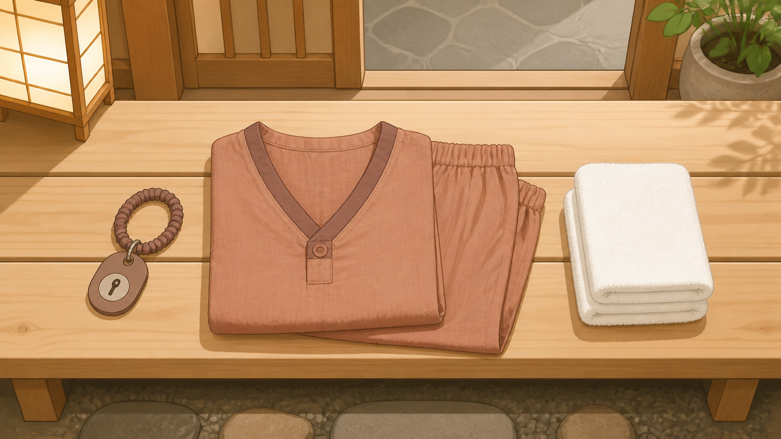 What you are handed at the counter: a locker key, the uniform, and two small towels.