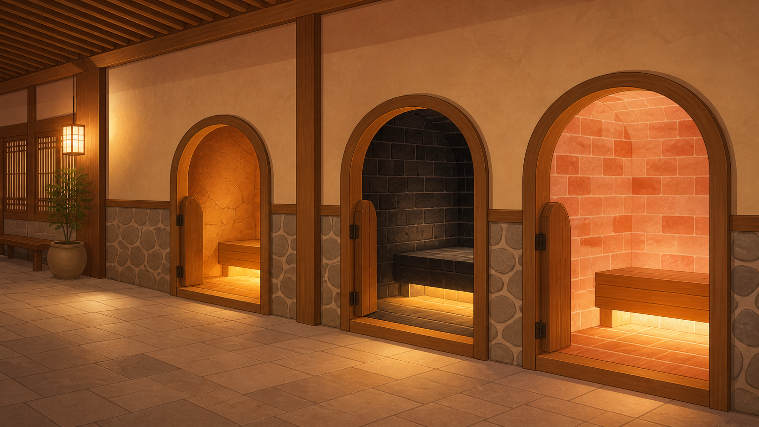 Clay, charcoal and salt rooms — different materials, different temperatures.