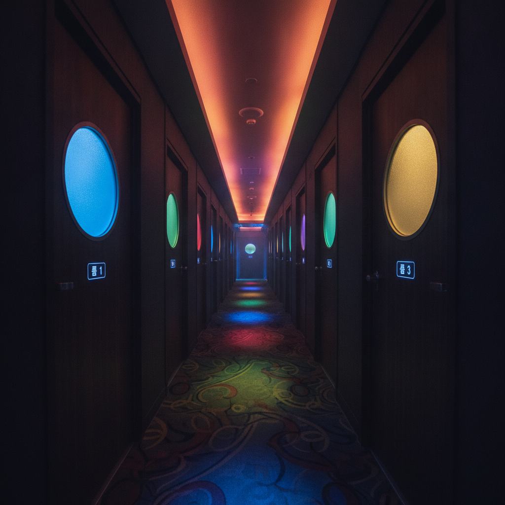 A corridor of closed doors — the room, not the stage, is the whole idea.