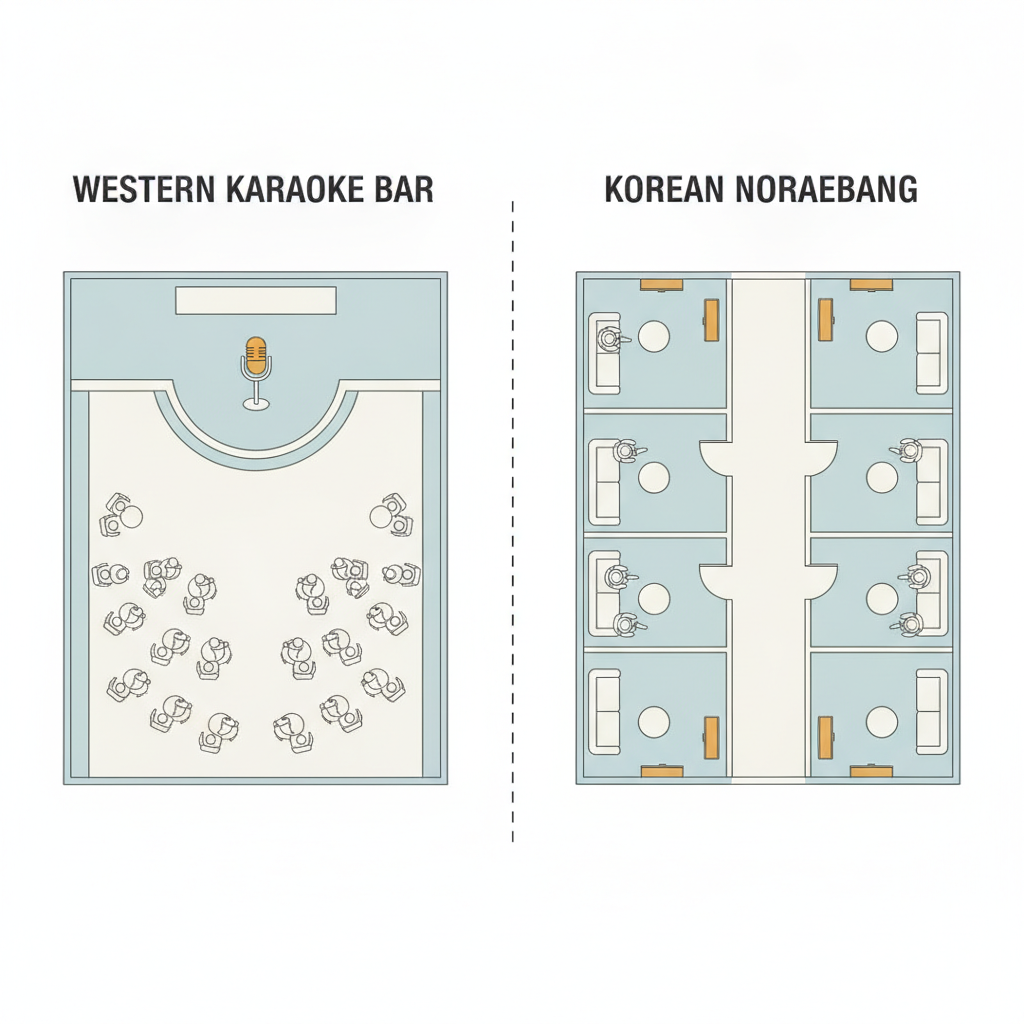 A karaoke bar puts you on a stage. A noraebang puts you behind a door.