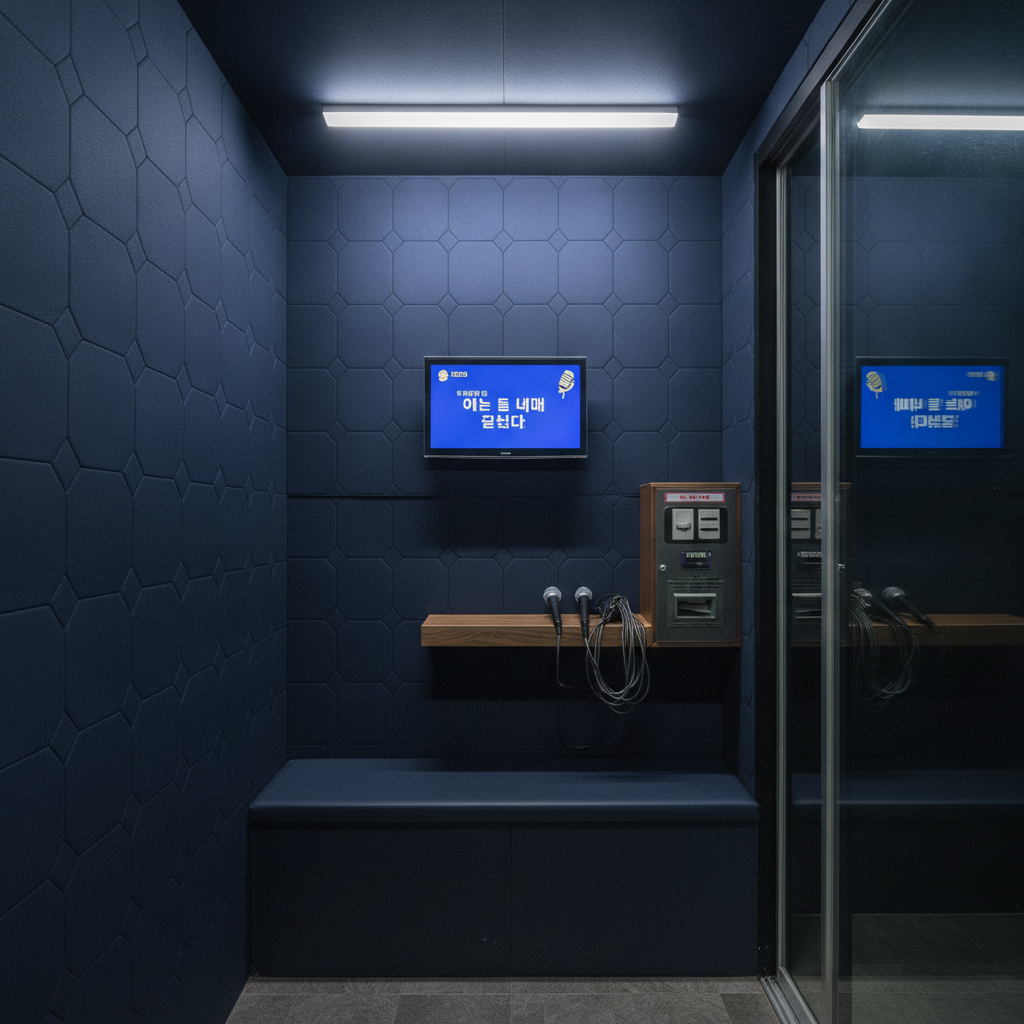 A coin booth: built for one or two, pay by the song, no staff to talk to.
