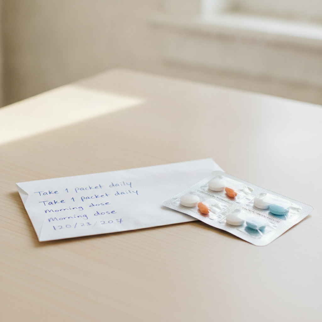 One packet per dose, already sorted. It looks improvised; it is standard.