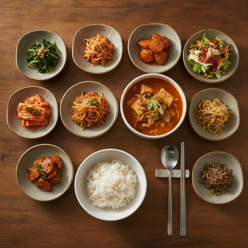 Rice, soup, and a crowd of small plates — the standard shape of a Korean meal.