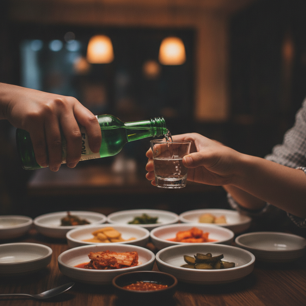 Two hands on the bottle, two hands on the glass.