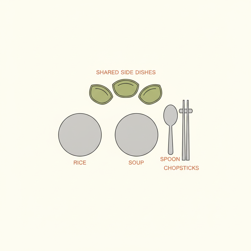 Rice left, soup right, spoon then chopsticks — the setting is fixed.