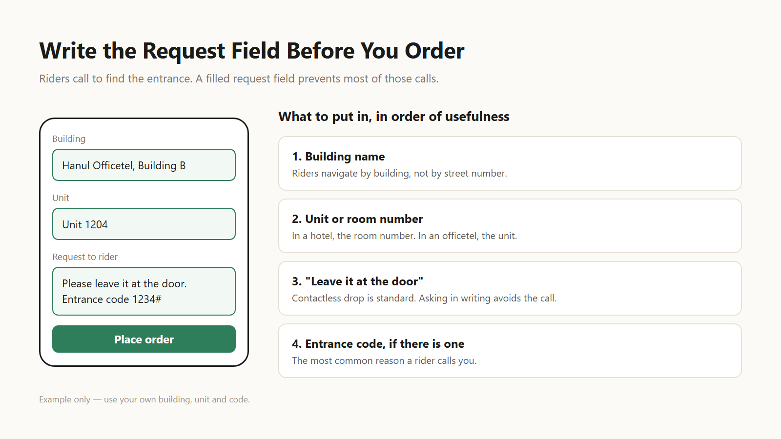 Example only — use your own building, unit and code.