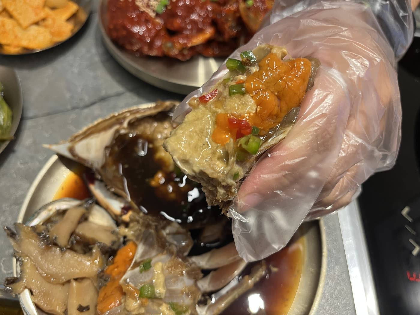 Roe packed into the top shell. This is what the female crab set is for.