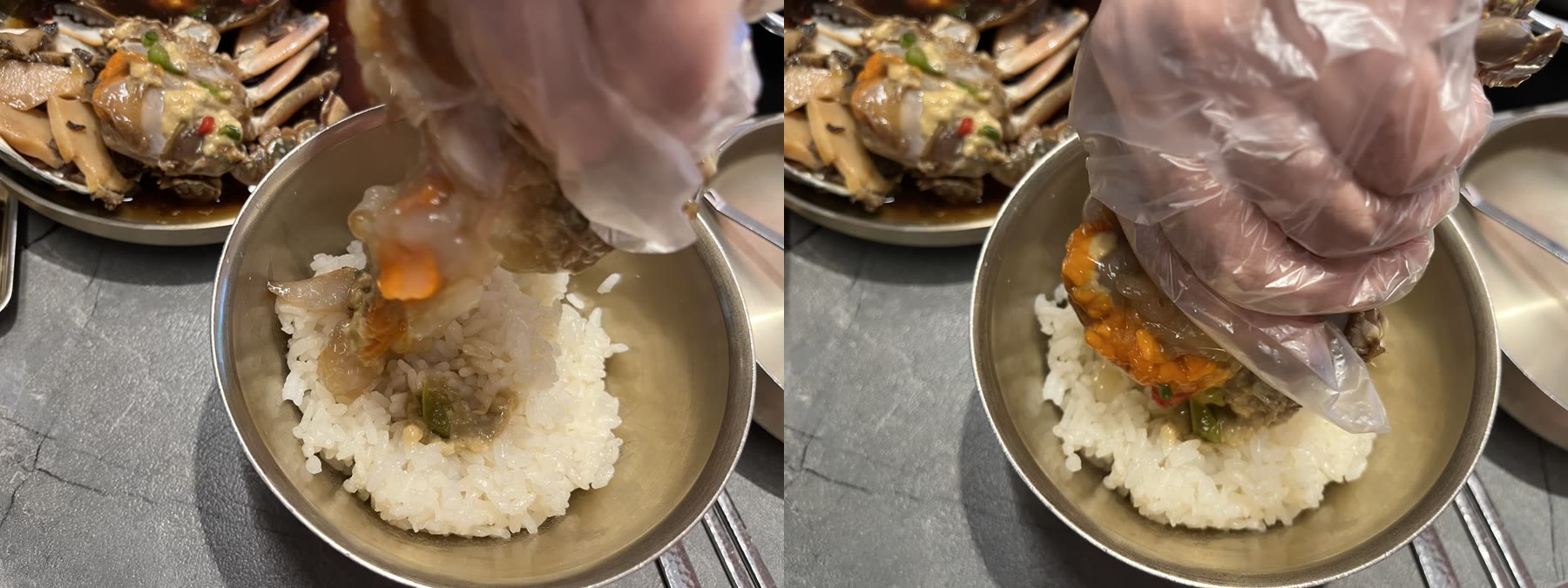 Rice and crab meat, mixed together
