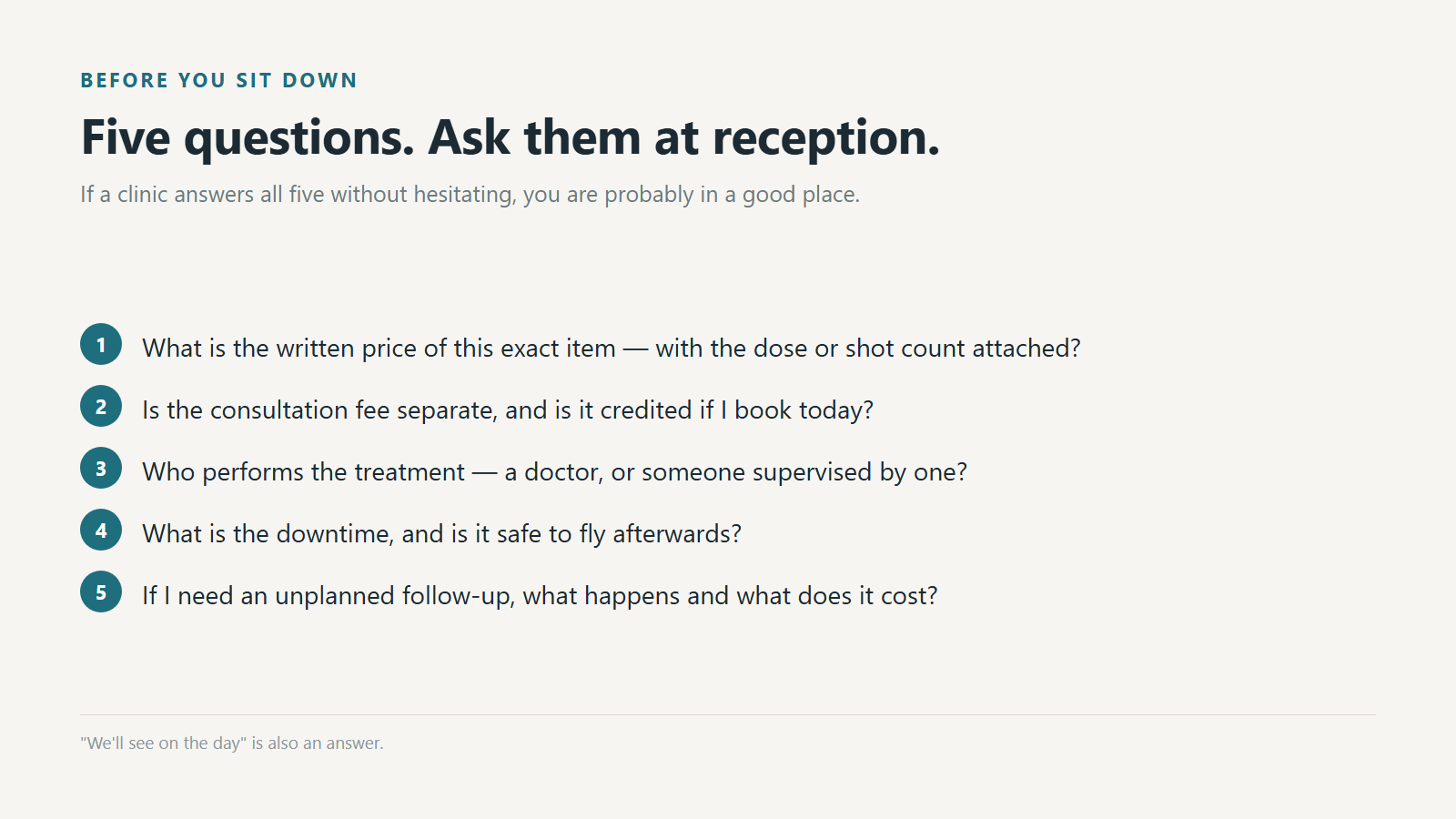 Five questions to ask at reception before you sit down.