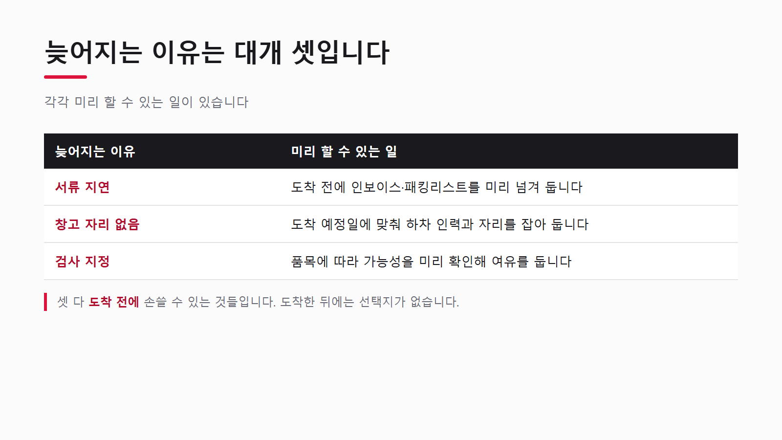 지연 사유 세 가지와 도착 전 조치