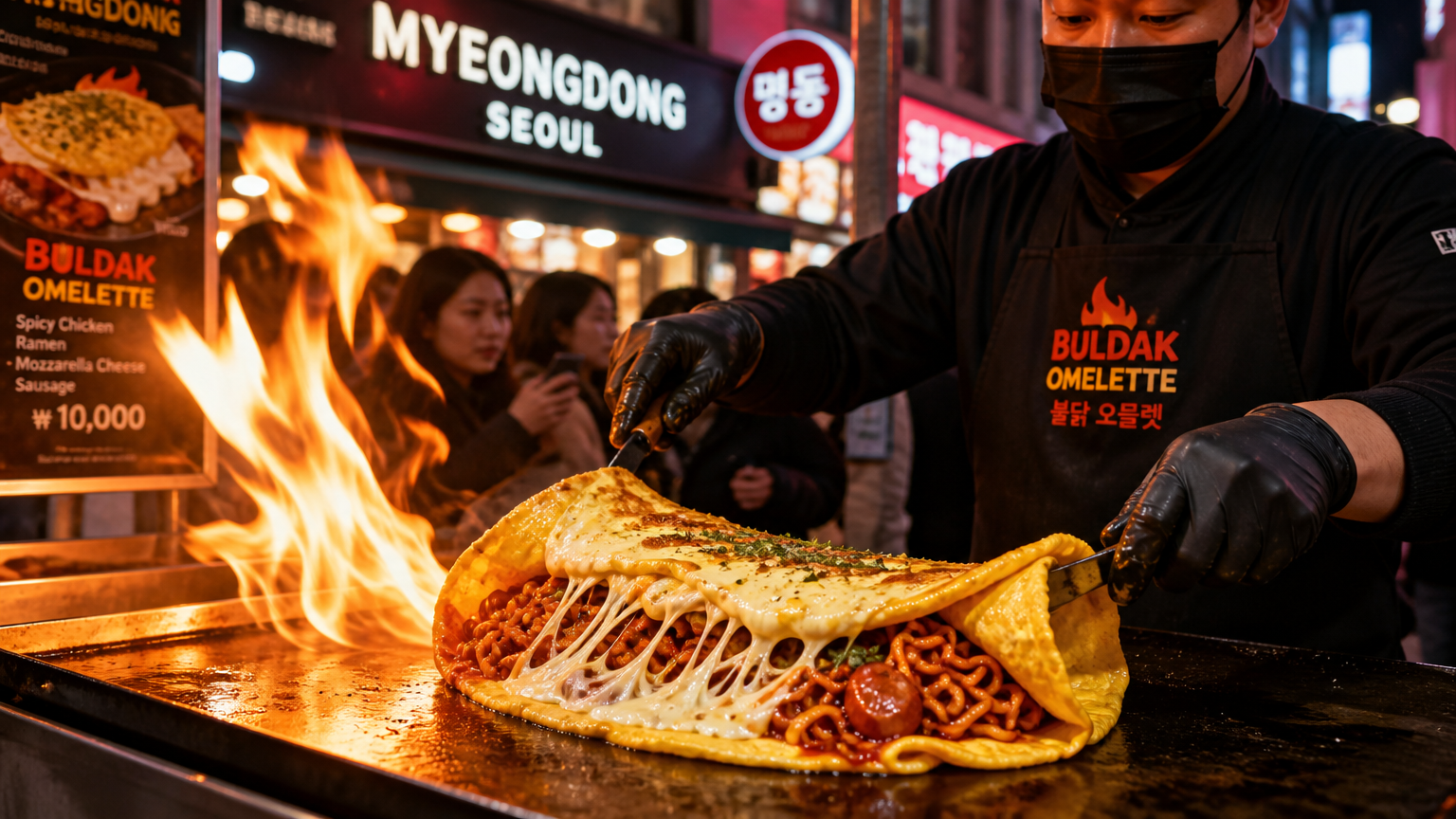 Buldak Omelette fire show at a Myeongdong street stall