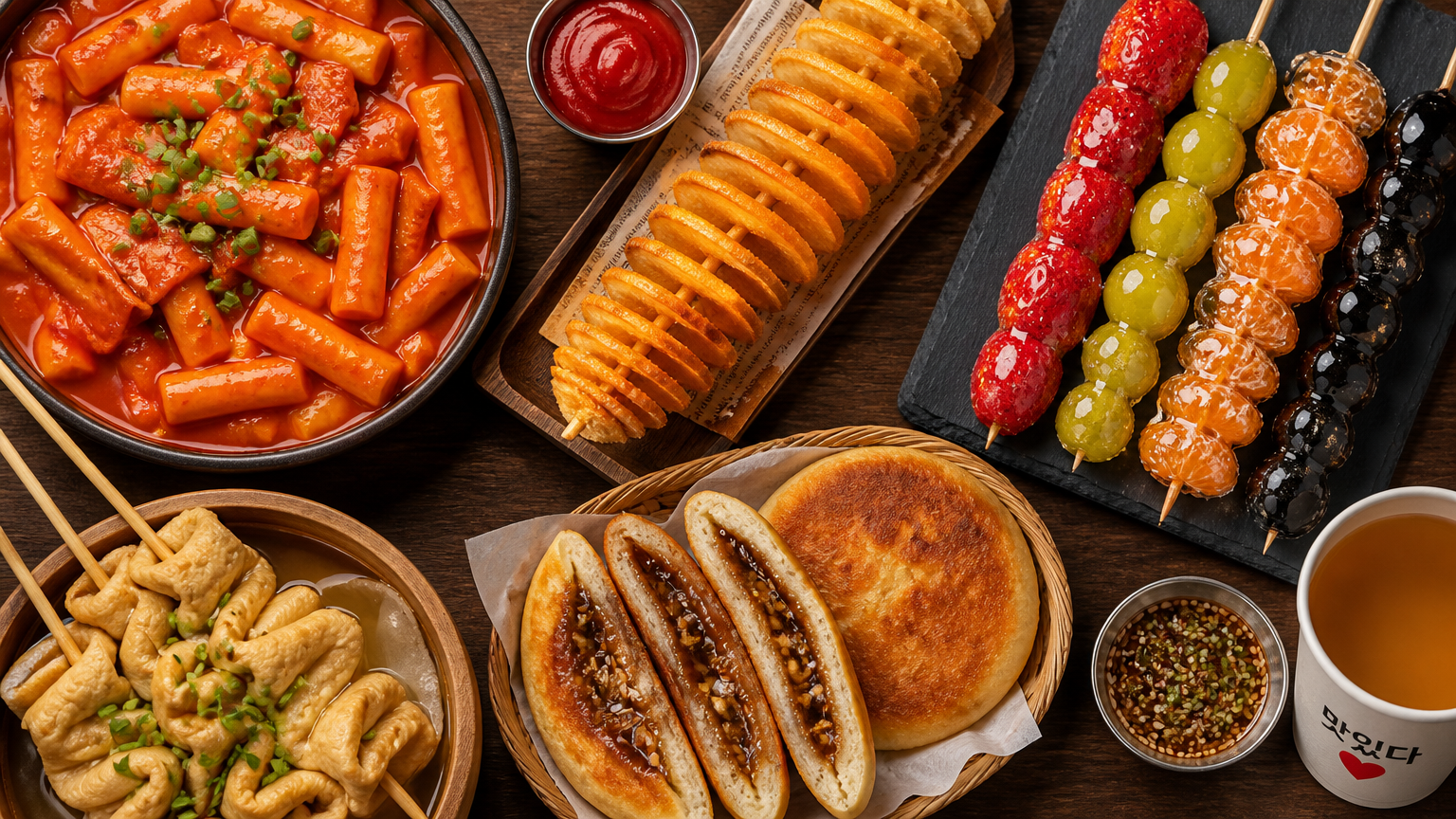 Famous Korean street foods: tteokbokki, tornado potato, tanghulu, hotteok