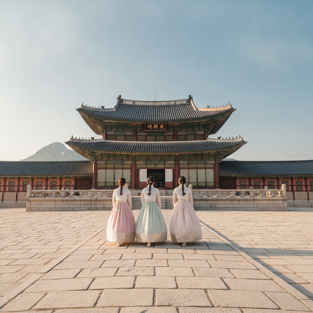 Walking into Gyeongbokgung in hanbok — admission is free if the outfit qualifies.