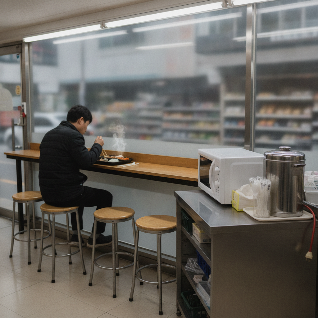 The eating corner — microwave, hot water, stools. All free.