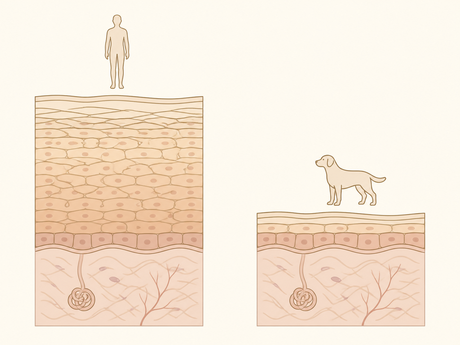 표피 두께 비교 — 사람 1015층, 개 35층. 수치 출처: PetMD / 댕묘 제작 도식(AI 생성)