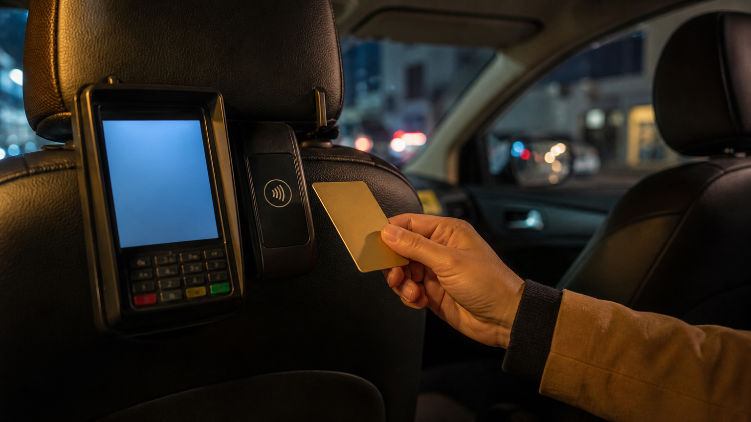 Every licensed taxi carries a payment terminal within reach of the back seat.