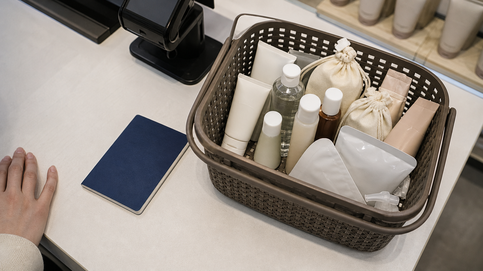 Basket and passport, together at the register.