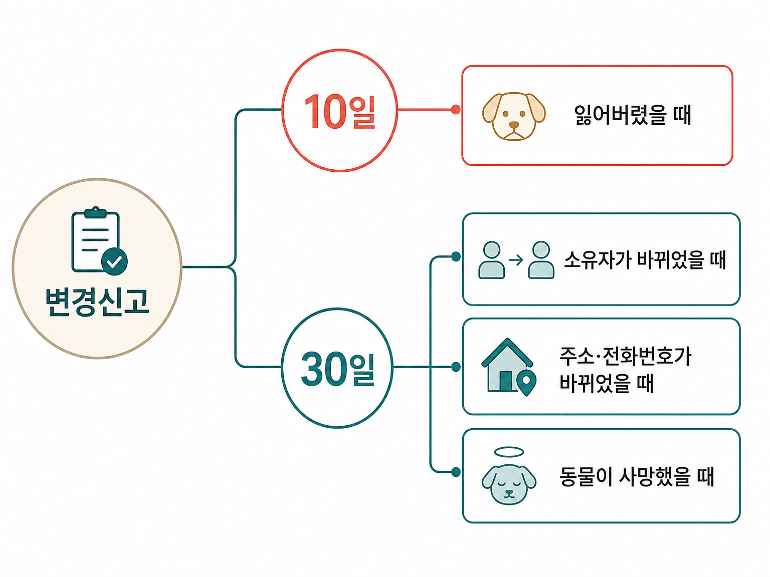 가장 급한 상황인 분실에 가장 짧은 10일 기한이 붙어 있다. 근거: 「동물보호법」 제15조 제2항