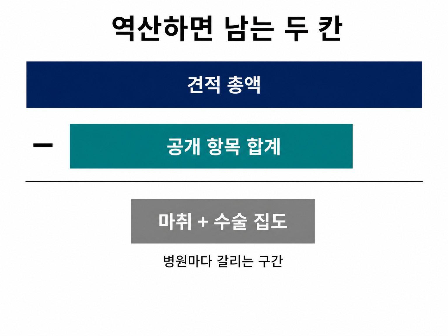 총액에서 공개 항목 합계를 덜어내면 마취와 집도만 남는 역산 구조 (댕묘 제작 도식)