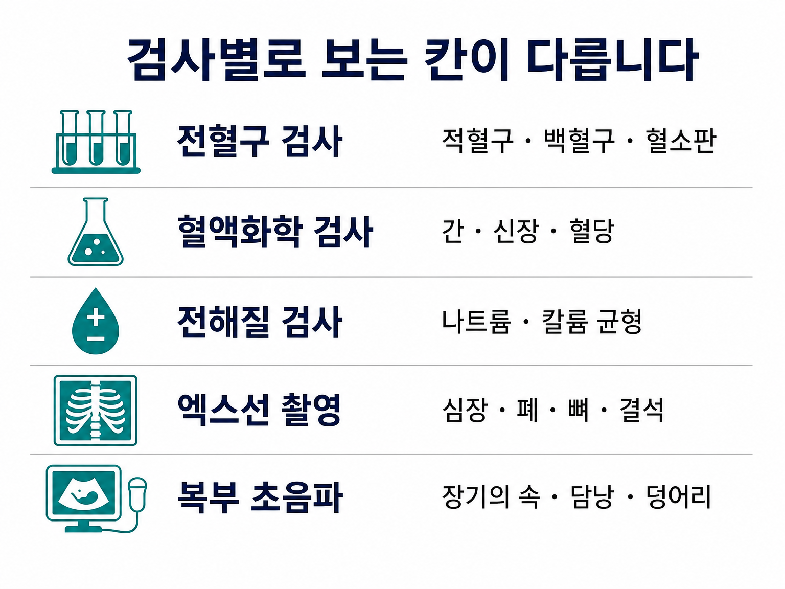 검사별로 보는 칸이 다르다 (댕묘 제작 도식 · 출처 MSD Veterinary Manual)