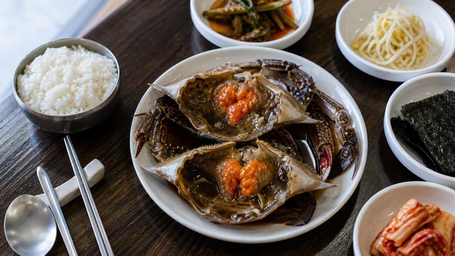 A soy-marinated crab set: halved crabs, rice, and side dishes.