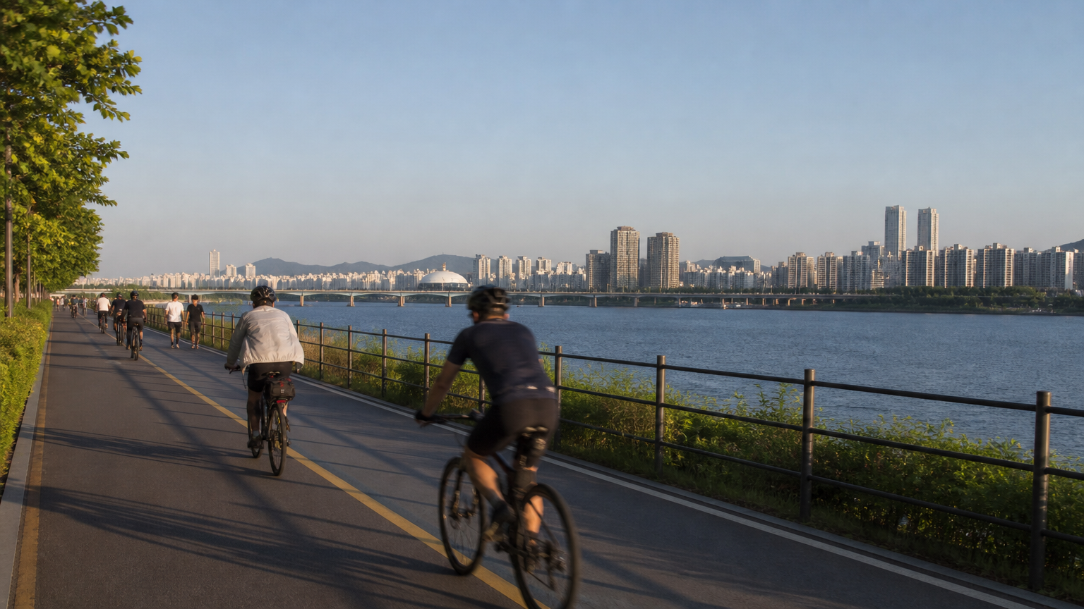 The riverside path is flat and separated from traffic.