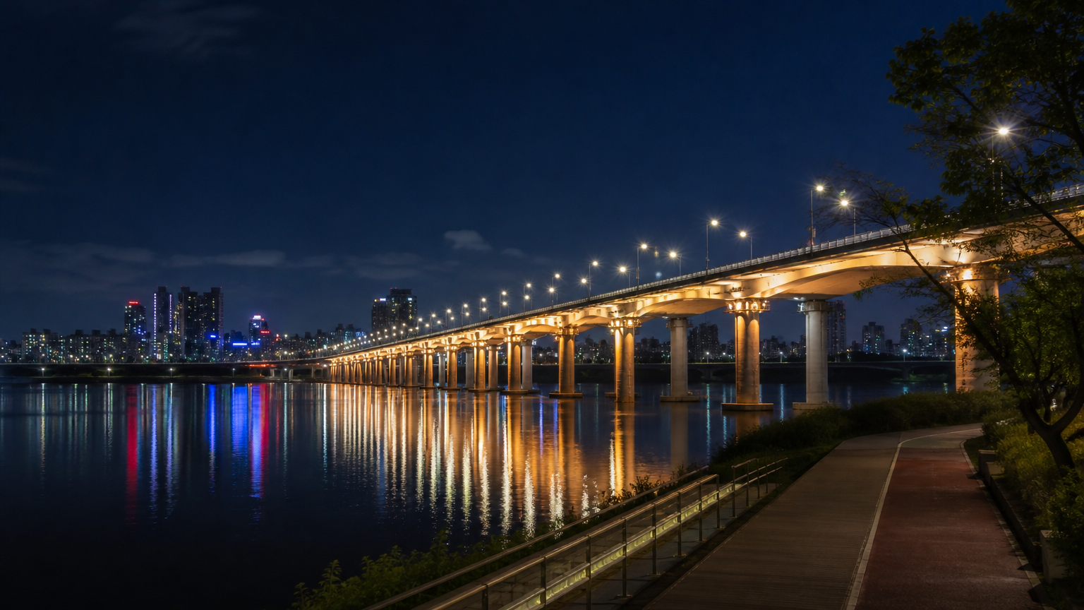 The bridges stay lit well past midnight.