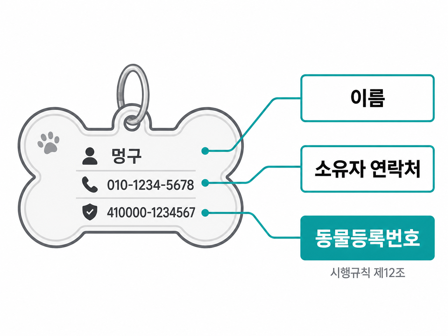 인식표에 들어가야 하는 세 항목 (동물보호법 시행규칙 제12조, 댕묘 제작 도식)