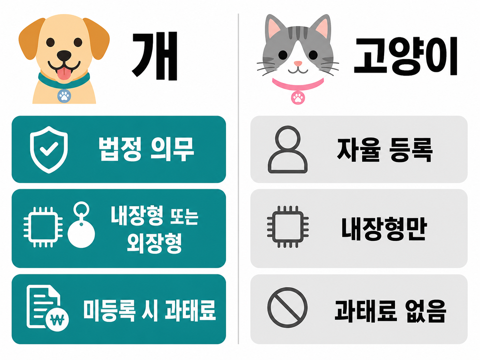 개의 법정 의무 등록과 고양이의 자율 등록 (댕묘 제작 도식)