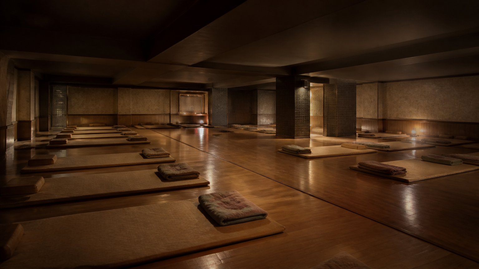 The sleeping hall: a heated floor, mats and wooden headrests. Illustration.