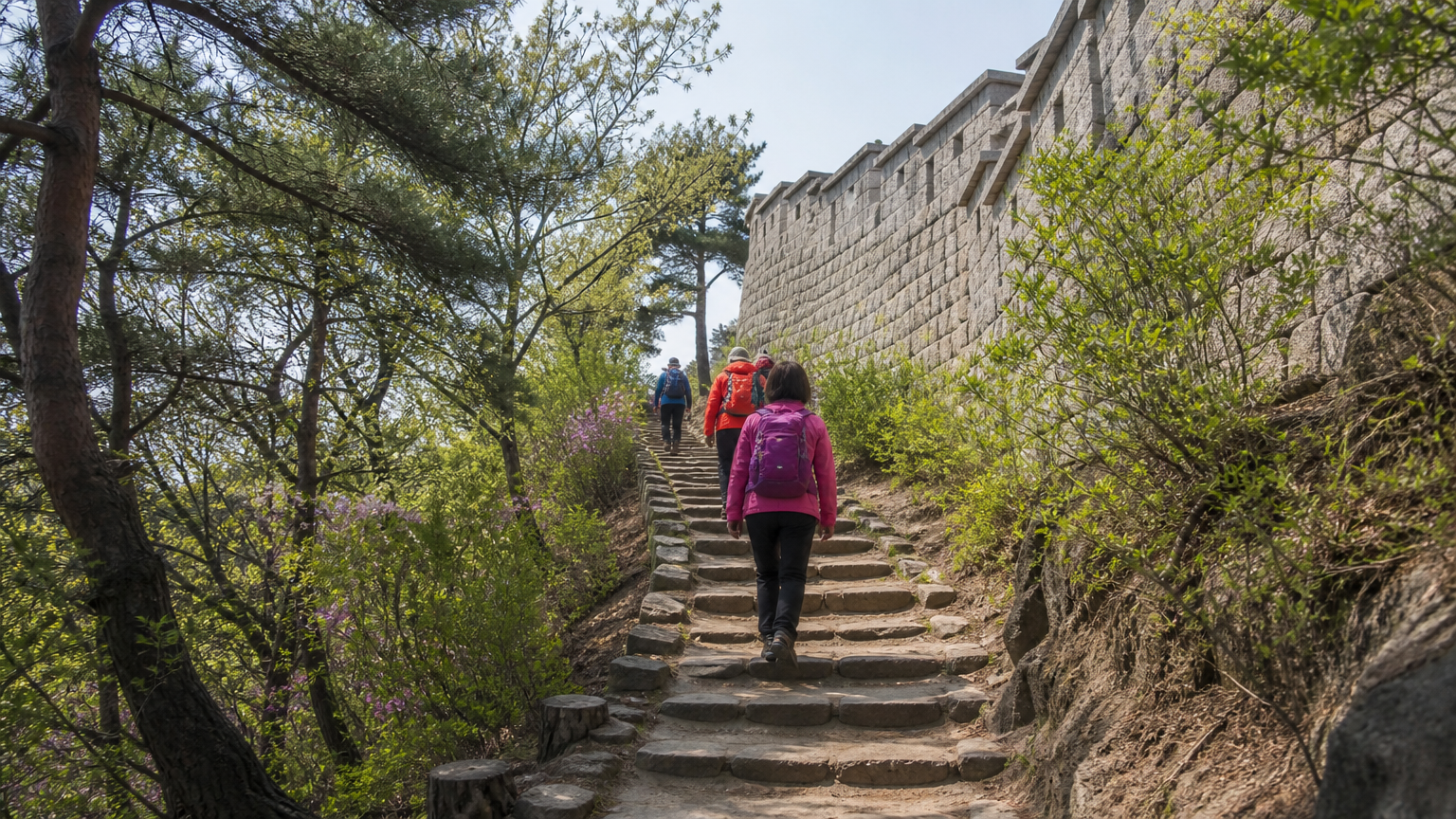 Most of the climb is stairs running alongside the wall.