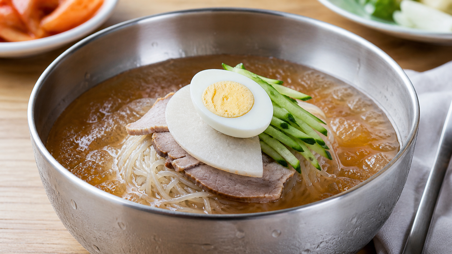 Mul milmyeon — cold wheat noodles, a summer dish born from wartime aid flour.