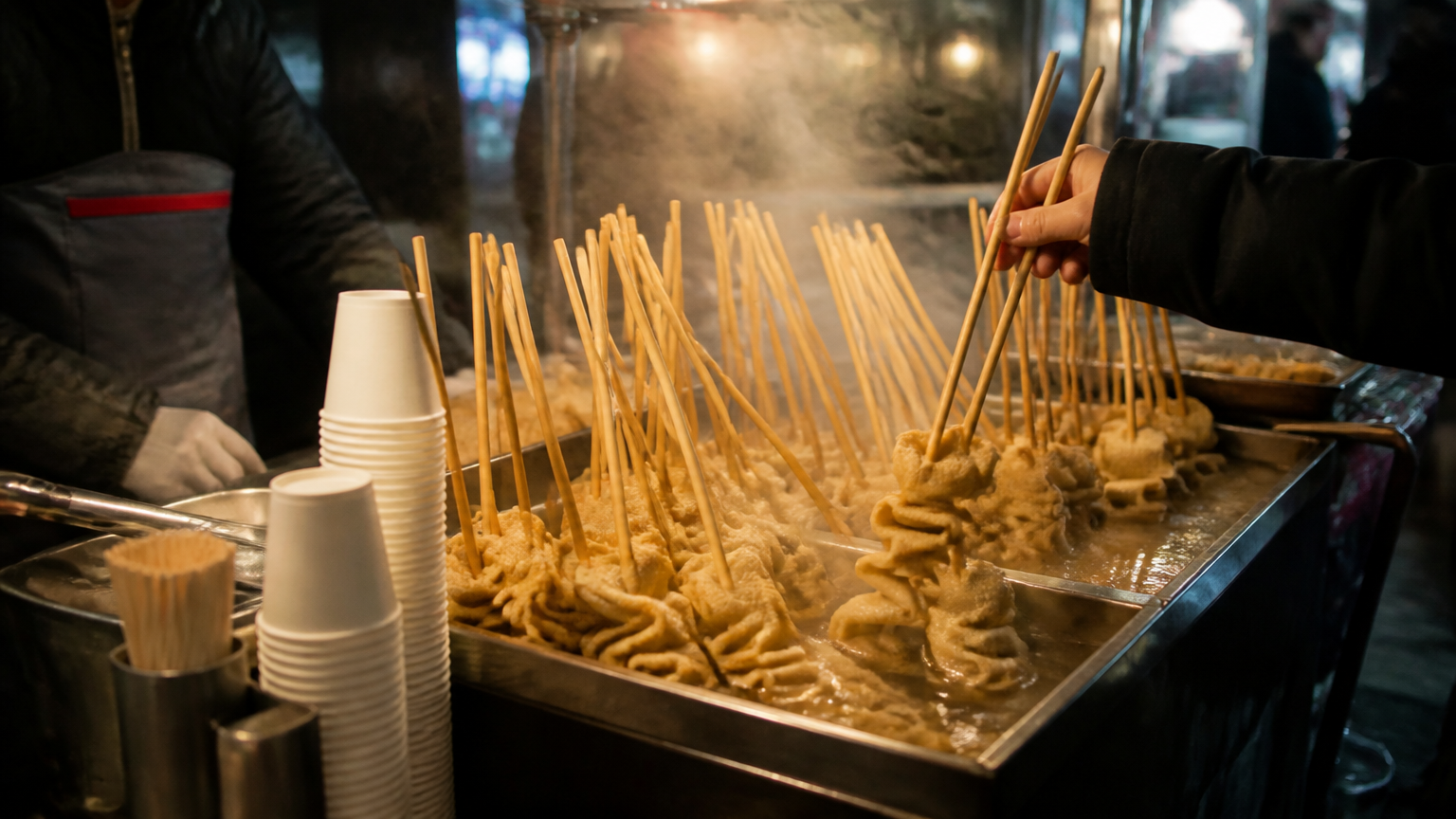 Eomuk on skewers, and the free broth beside the pot. The broth is the point.