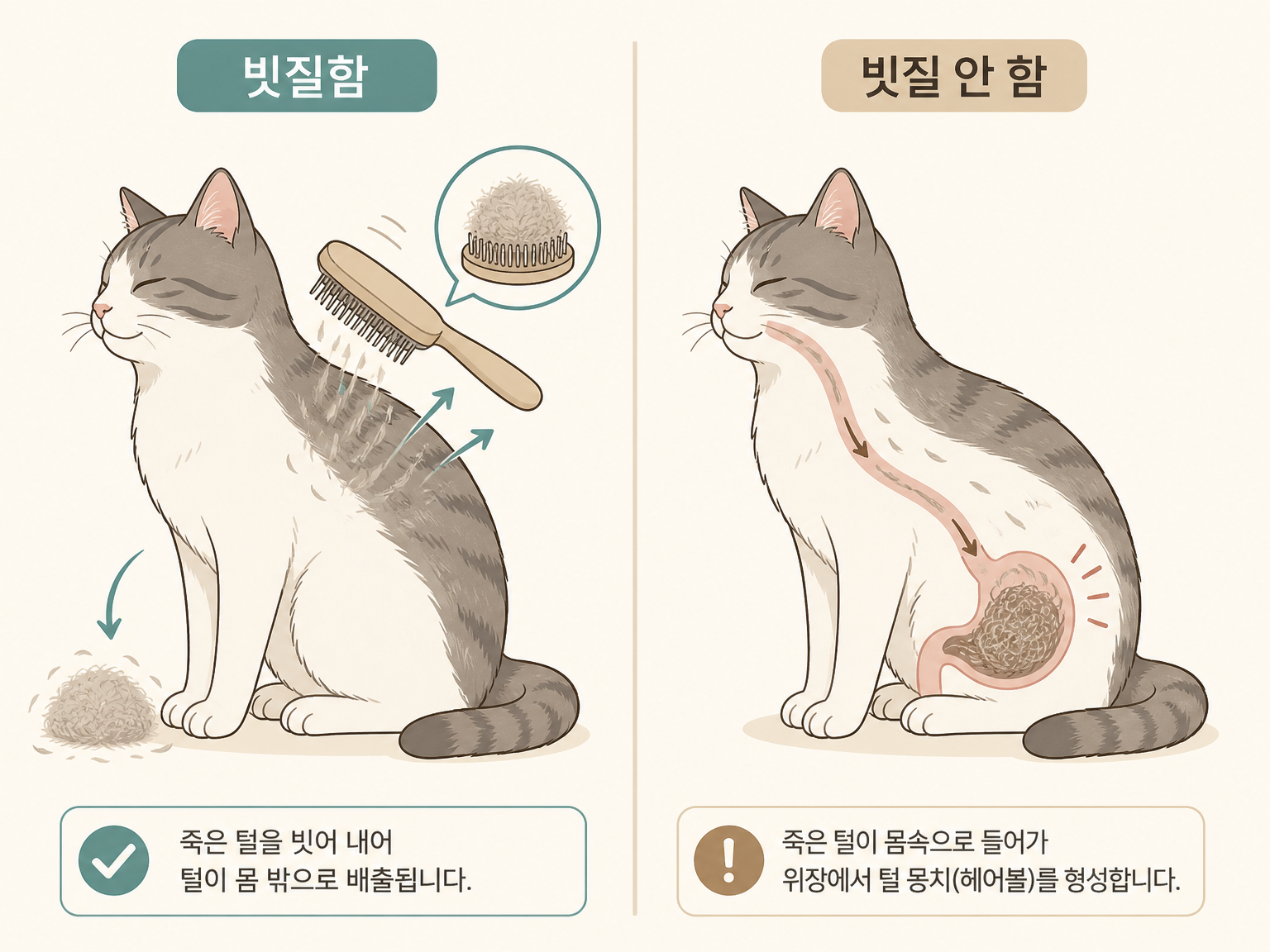 같은 양의 죽은 털이 빗질 여부에 따라 향하는 곳 (댕묘 작성)