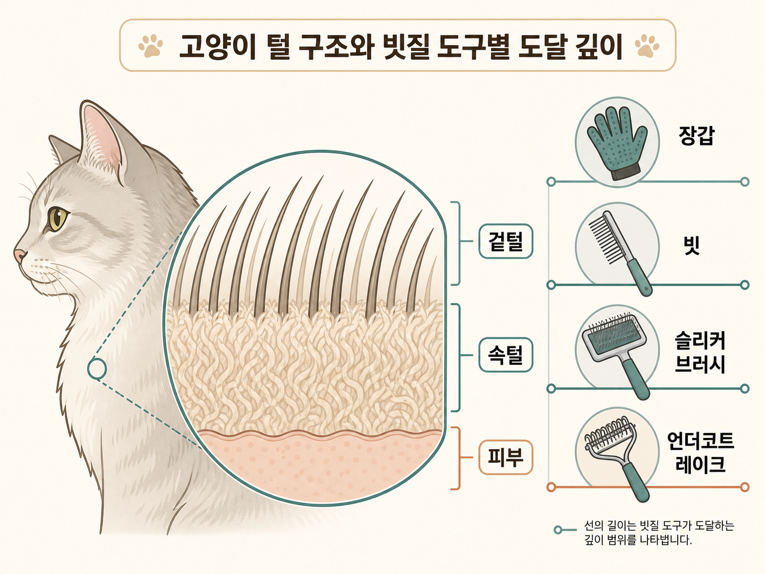 겉털과 속 솜털의 층 구조, 그리고 도구별로 닿는 깊이 (댕묘 작성)