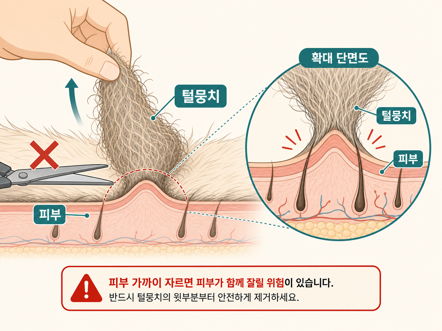 털뭉치를 당기면 얇은 피부가 함께 들려 올라온다 (댕묘 작성)