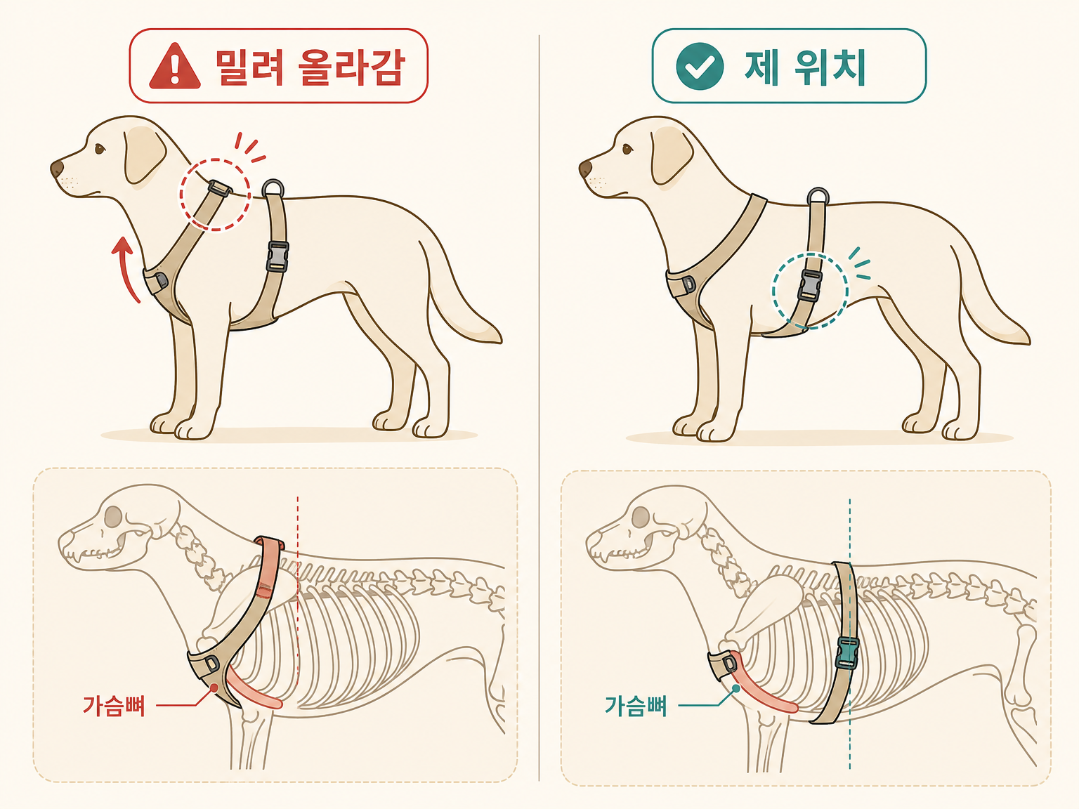 밀려 올라간 하네스와 제 위치에 있는 하네스의 스트랩 위치 (댕묘 작성)