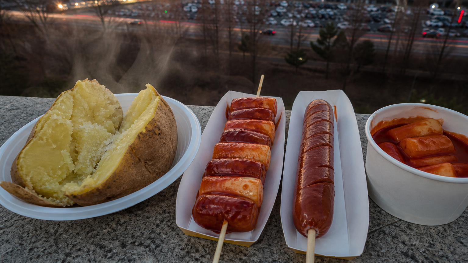 What I bought in fifteen minutes: a steamed potato with salt and sugar, sotteok sotteok, a sausage, and tteokbokki.