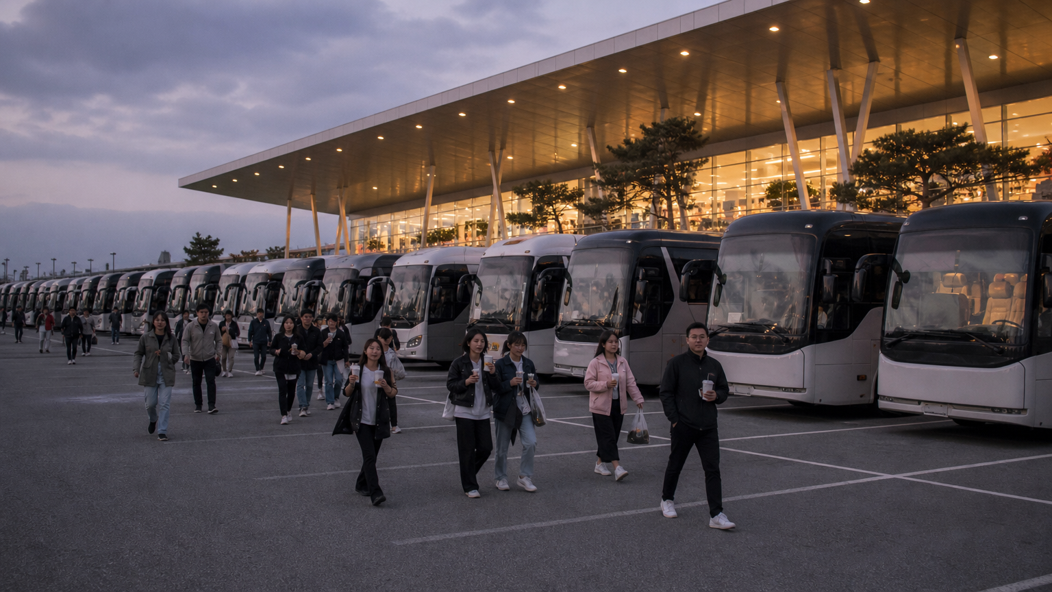 Forty identical coaches. Photograph your plate before you walk away.