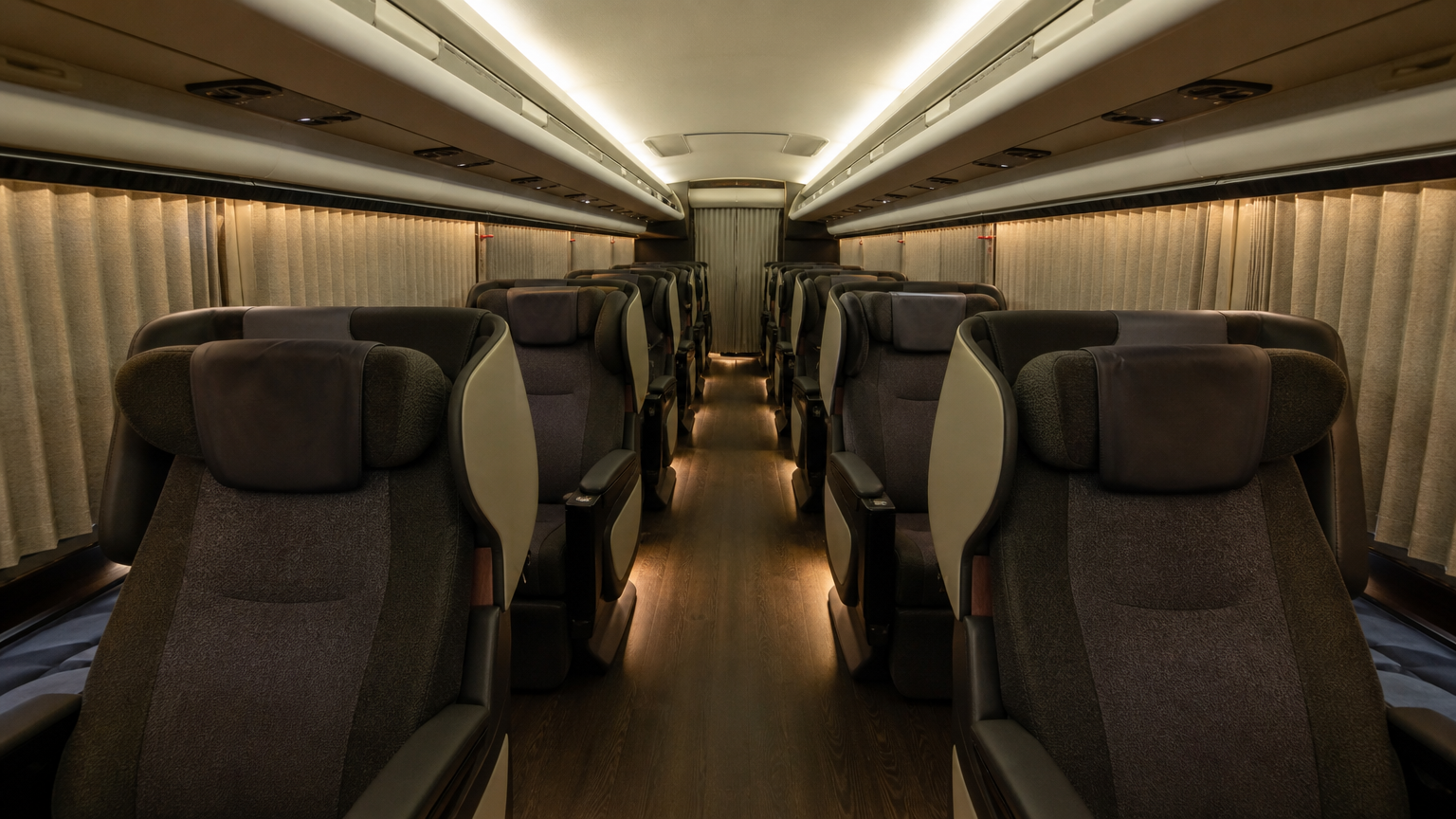 Premium grade — three seats across, full recline. The operator calls it business class on the road.