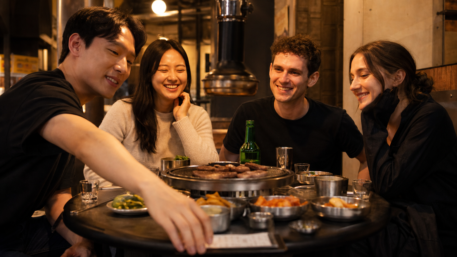 Dinner with friends. The tray at the table edge holds the bill, and nothing gets added to it.