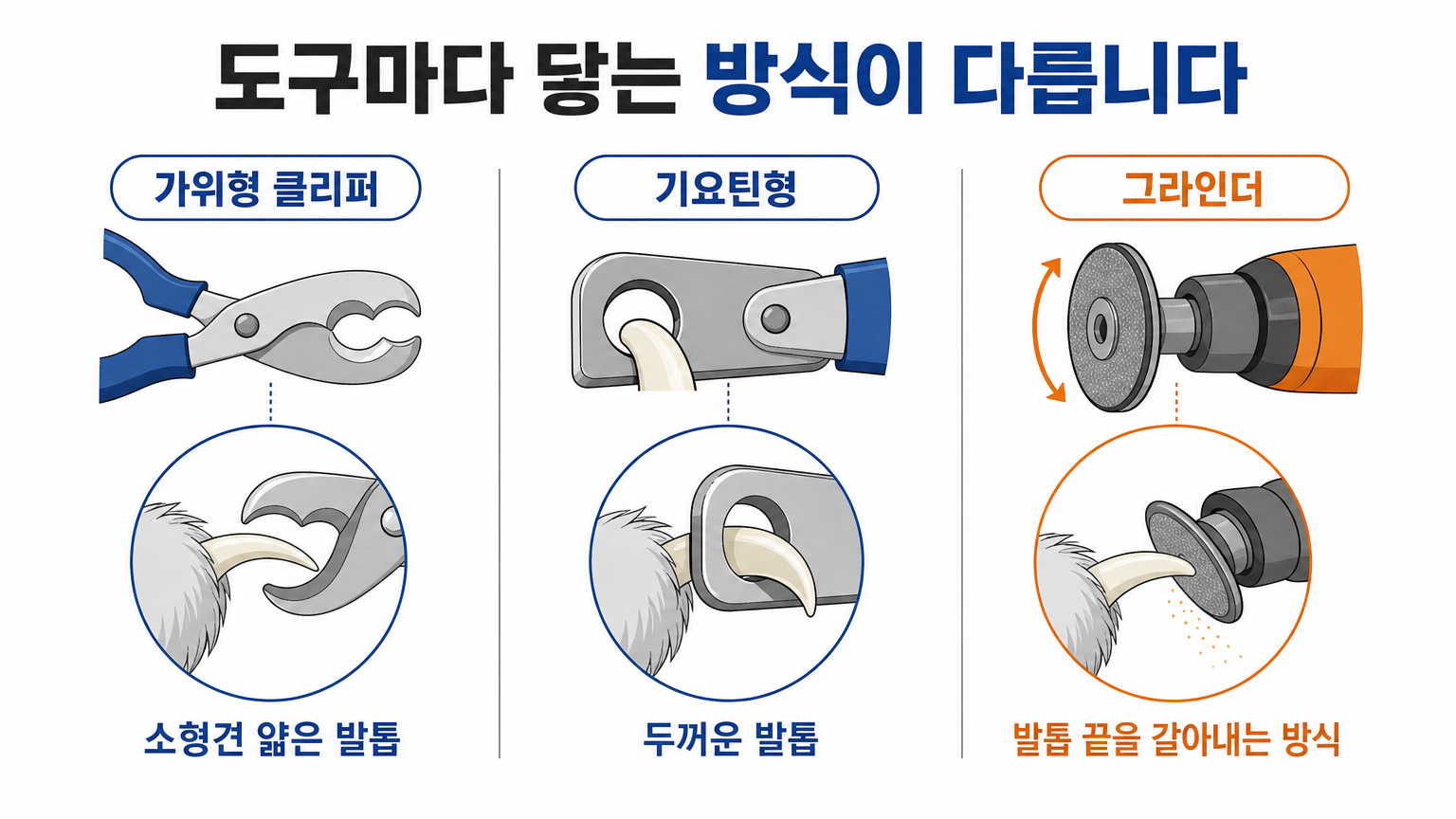 도구 세 종류가 발톱에 닿는 지점과 진행 방향 (댕묘 작성)