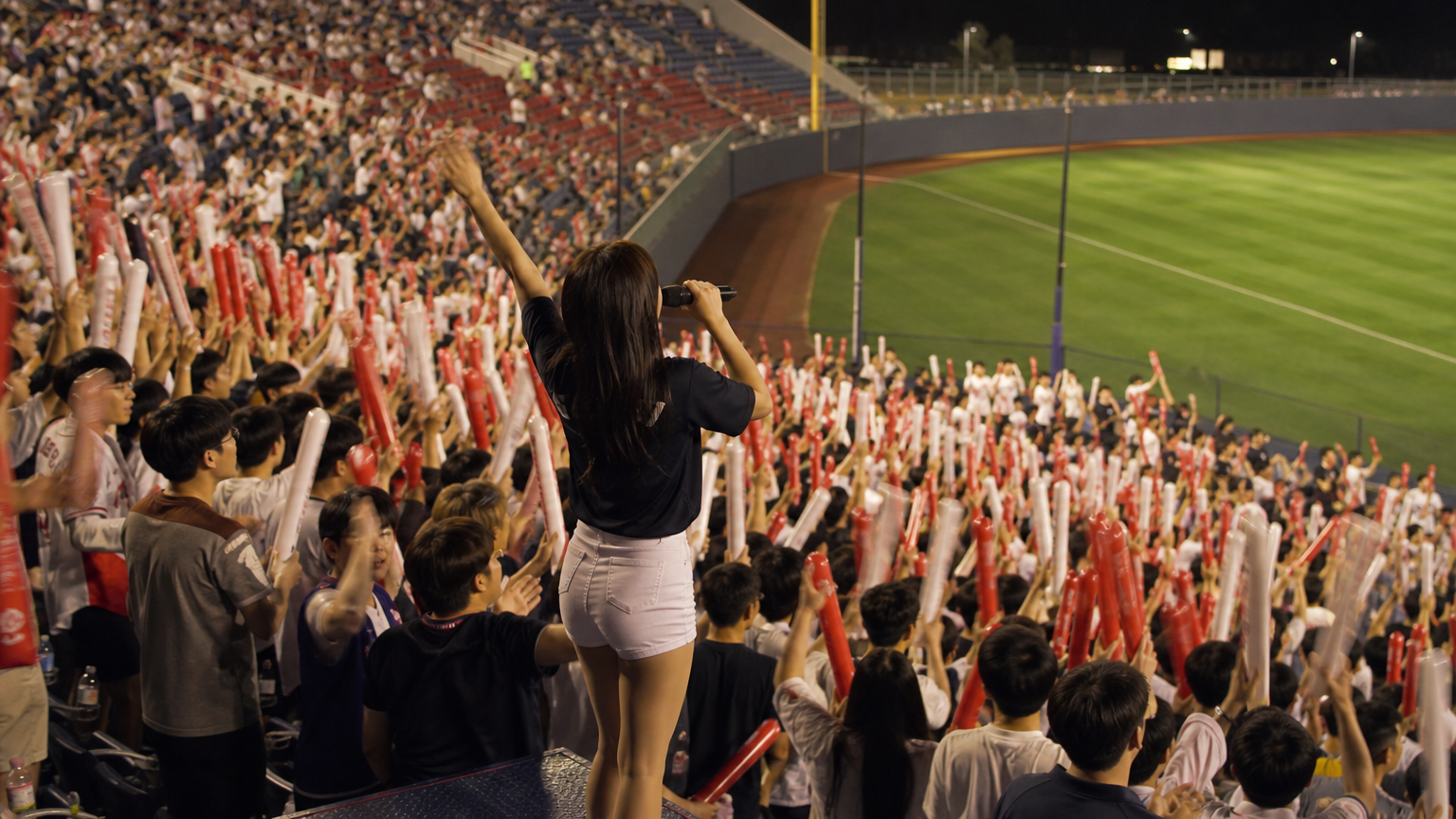 The cheer leader faces the crowd, not the field. That is the whole design.