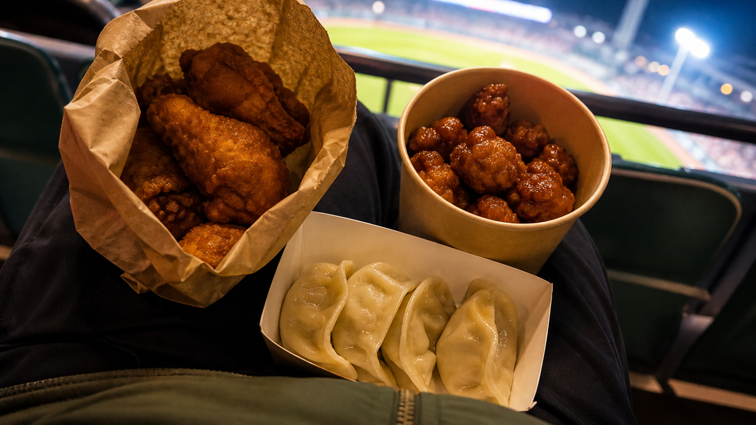 What we carried in: fried chicken in the shop's paper bag, dakgangjeong and dumplings.