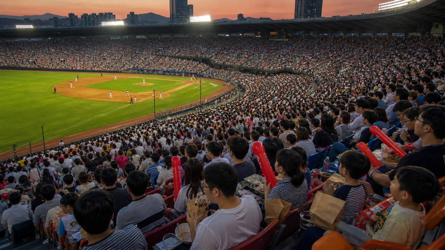 The outfield stand at dusk, where most of the eating happens.