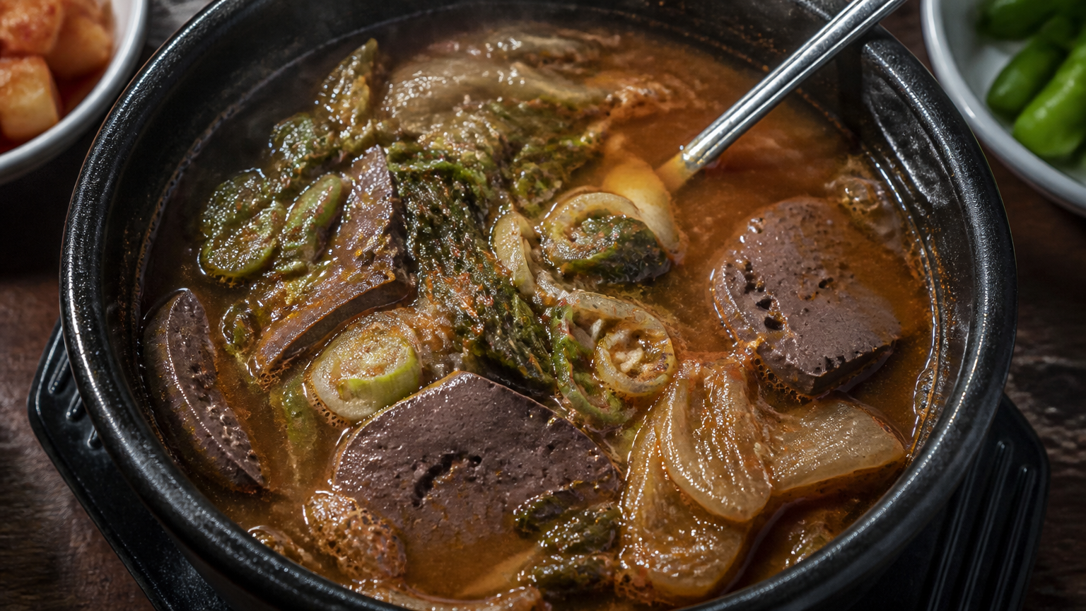 Seonji haejangguk. The dark slabs are the congealed ox blood.